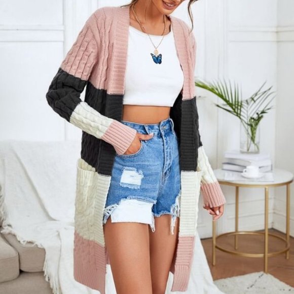 MODA ME COUTURE Sweaters - Colorblock Double Pocket Cable Knit Cardigan